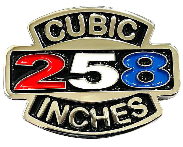 Emblem, 258 Cubic Inches Red-White-Blue 2.5"x2", Show Quality, 1970-91 AMC w/258 Inline 6 (FREE lower 48 ground shipping in approx. in 1-2 weeks)